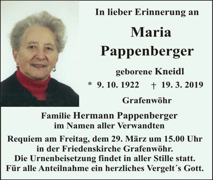 Traueranzeige Maria Pappenberger, Grafenwöhr