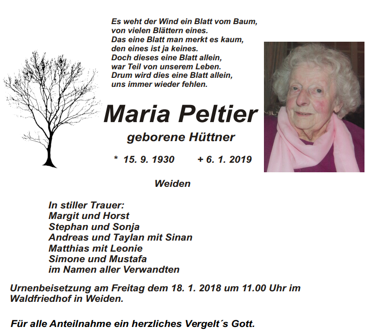 Traueranzeige Maria Peltier, Weiden