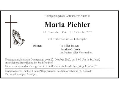 Traueranzeige Maria Piehler, Weiden