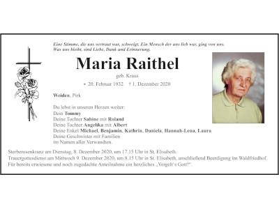 Traueranzeige Maria Raithel, Weiden