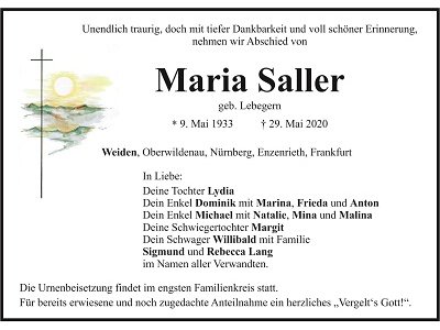 Traueranzeige Maria Saller, Weiden