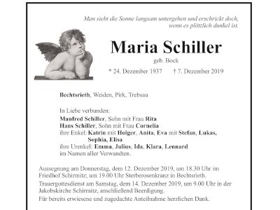 Traueranzeige Maria Schiller, Bechtsrieth