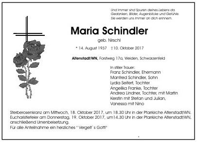 Traueranzeige Maria Schindler, Altenstadt/WN