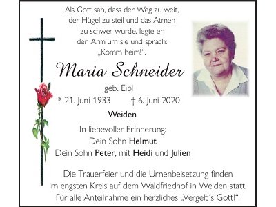 Traueranzeige Maria Schneider, Weiden