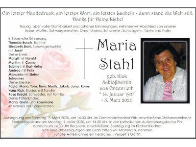 Traueranzeige Maria Stahl, Pirk