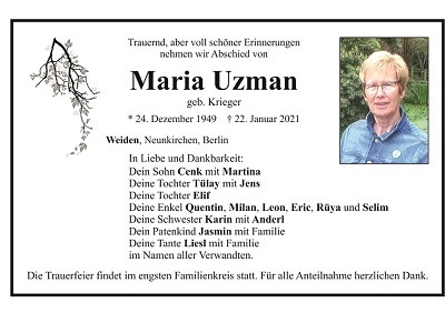 Traueranzeige Maria Uzman, Weiden