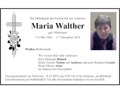 Traueranzeige Maria Walther, Weiden