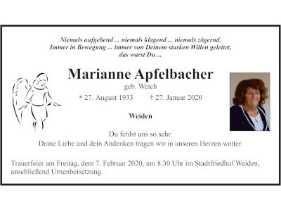 Traueranzeige Marianne Apfelbacher, Weiden