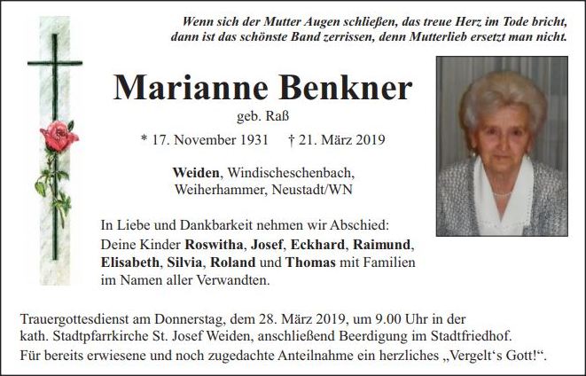Traueranzeige Marianne Benkner, Weiden