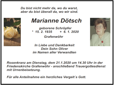 Traueranzeige Marianne Dötsch, Grafenwöhr