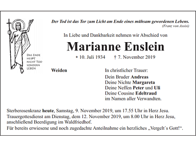Traueranzeige Marianne Enslein, Weiden
