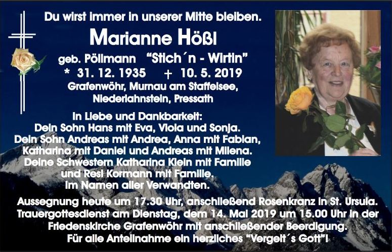 Traueranzeige Marianne Hößl, Grafenwöhr