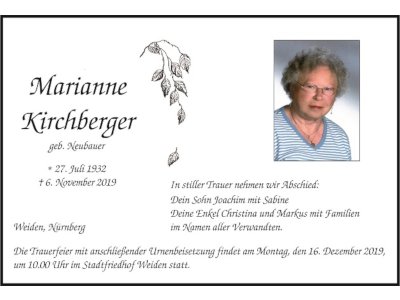 Traueranzeige Marianne Kirchberger, Weiden