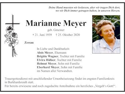 Traueranzeige Marianne Meyer, Zessau