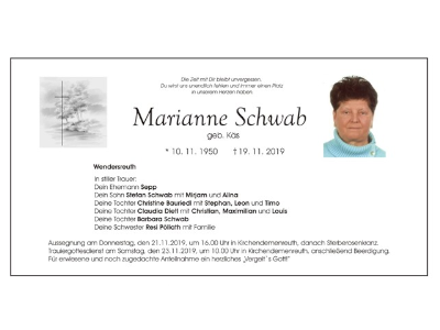 Traueranzeige Marianne Schwab, Wendersreuth