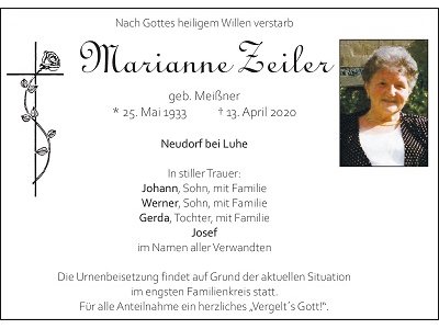 Traueranzeige Marianne Zeiler, Neudorf