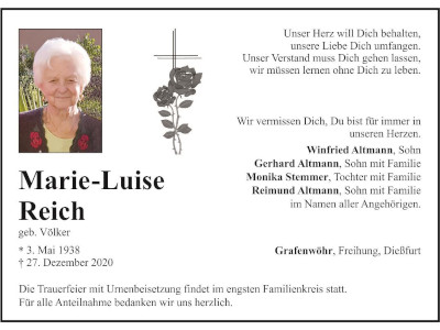 Traueranzeige Marie-Luise Reich, Grafenwöhr