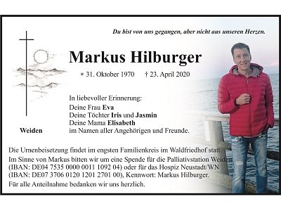 Traueranzeige Markus Hilburger, Weiden