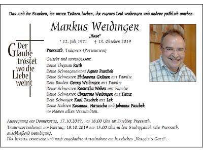 Traueranzeige Markus Weidinger, Pressath