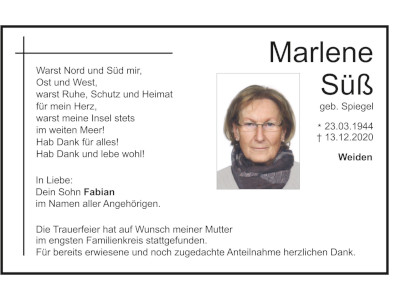 Traueranzeige Marlene Süß, Weiden