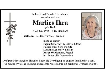 Traueranzeige Marlies Ihra, Haselhöhe