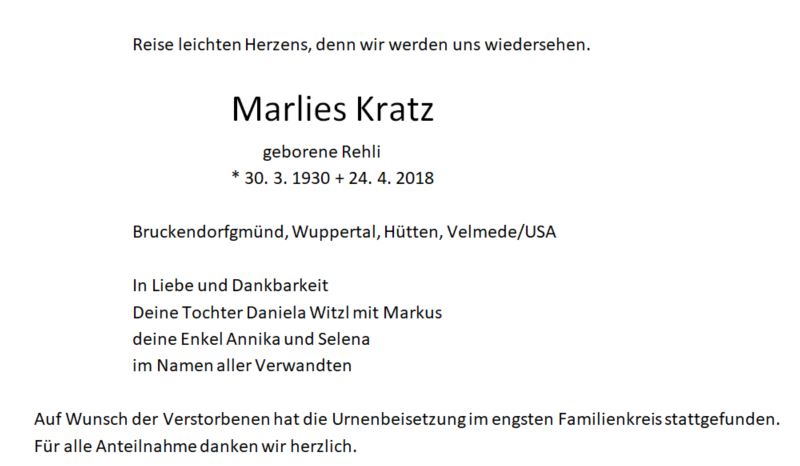 Traueranzeige Marlies Kratz, Bruckendorfgmünd