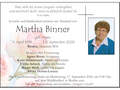 Traueranzeige Martha Binner, Weiden