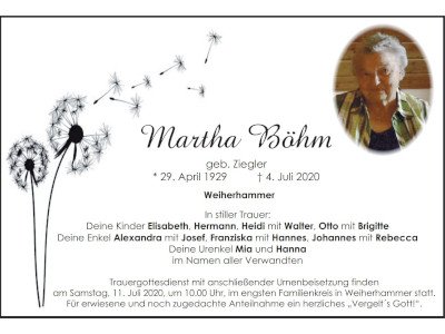Traueranzeige Martha Böhm, Weiherhammer