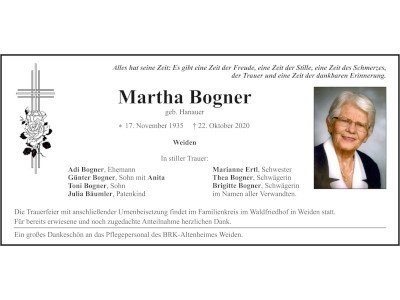 Traueranzeige Martha Bogner, Weiden