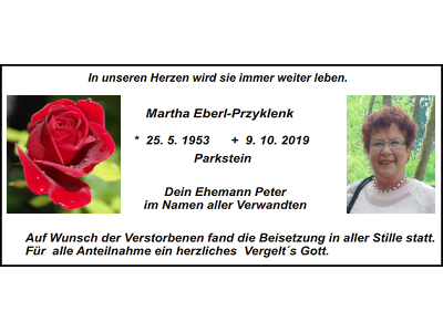 Traueranzeige Martha Eberl-Przyklenk, Parkstein