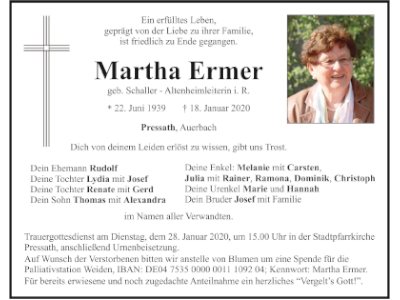 Traueranzeige Martha Ermer, Pressath