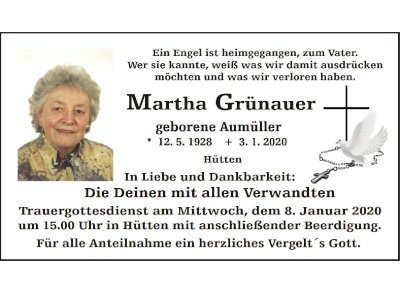 Traueranzeige Martha Grünauer, Hütten