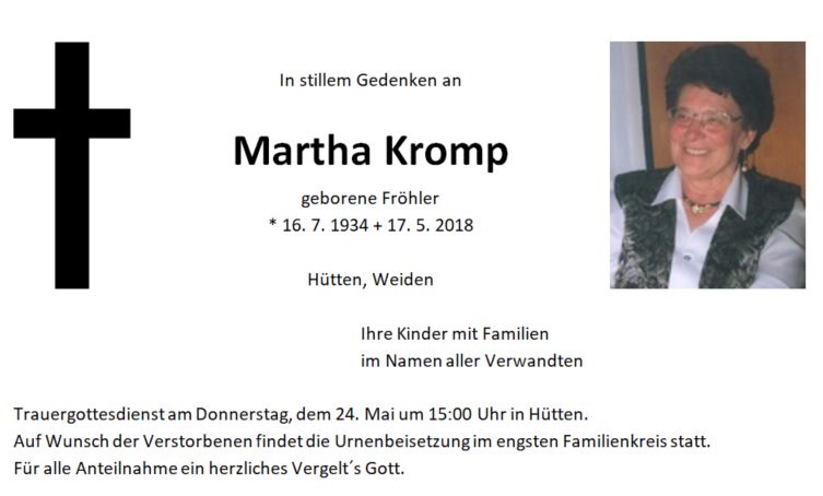 Traueranzeige Martha Kromp, Hütten