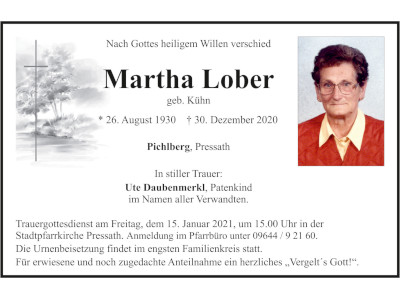 Traueranzeige Martha Lober, Pichlberg