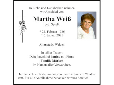 Traueranzeige Martha Weiß, Altenstadt
