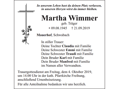Traueranzeige Martha Wimmer, Mauerhof
