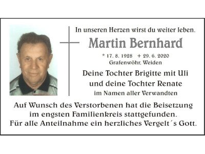 Traueranzeige Martin Bernhard, Grafenwöhr