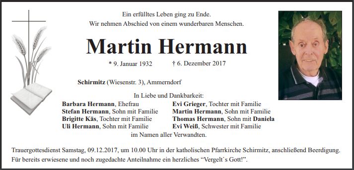 Traueranzeige Martin Hermann, Schirmitz