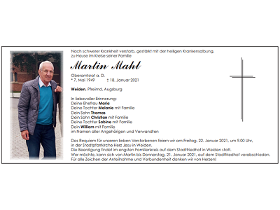 Traueranzeige Martin Mahl, Weiden