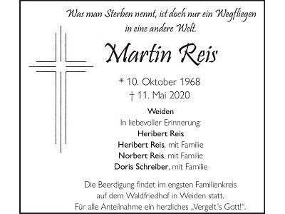 Traueranzeige Martin Reis, Weiden