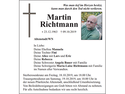 Traueranzeige Martin Richtmannn, Altenstadt/WN