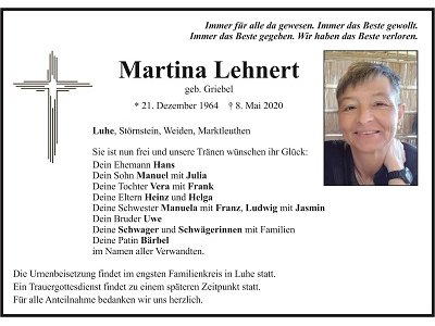 Traueranzeige Martina Lehnert, Luhe