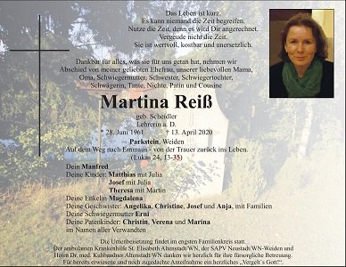 Traueranzeige Martina Reiß, Parkstein