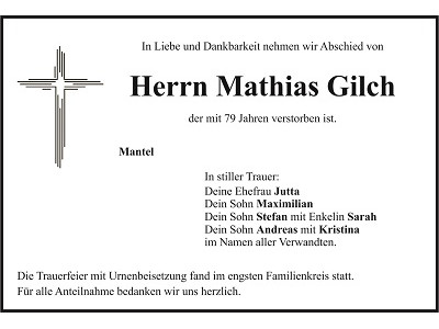 Traueranzeige Mathias Gilch, Mantel