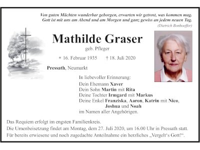 Traueranzeige Mathilde Graser, Pressath