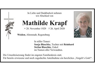Traueranzeige Mathilde Krapf, Weiden