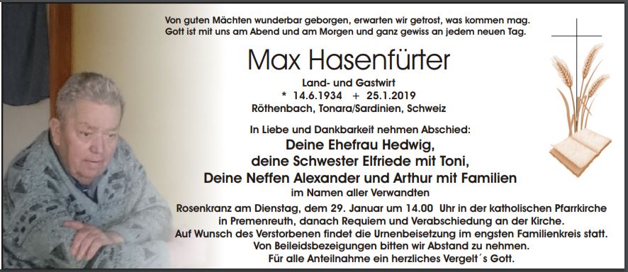 Traueranzeige Max Hasenfürter, Röthenbach