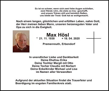 Traueranzeige Max Hösl, Premenreuth