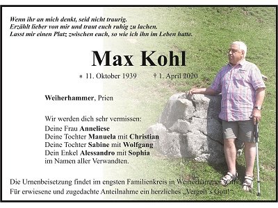 Traueranzeige Max Kohl, Weiherhammer