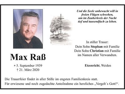Traueranzeige Max Raß, Etzenricht